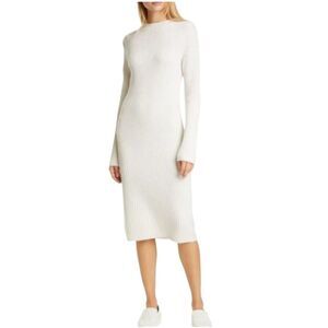 Vince. Wool Cashmere Ribbed Midi Sweater Dress in Off-White - Small